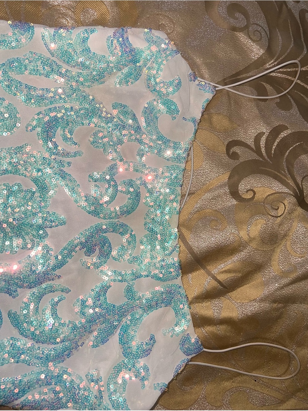 Windsor Iredescent Blue Sequin Damask Bodycon Mini Dress L - Picture 2 of 11